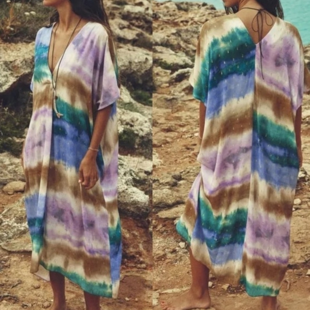 Zara Tie Dye Tunic Dress Coverup Purple Metallic Gold Sz V-Neck Gauzy Resortwear
